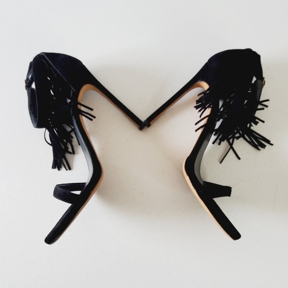 Stuart Weitzman Suede Love Fringe Sandal Size 9 Ankle Strap Black Stiletto Heel - Picture 9 of 16